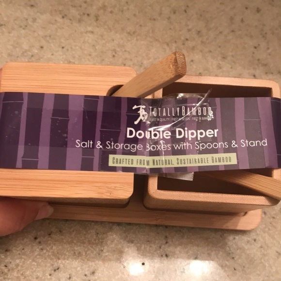 Totally Bamboo Double Dipper Salt & Storage boxes with spoons & Stand- NWT - Picture 2 of 4